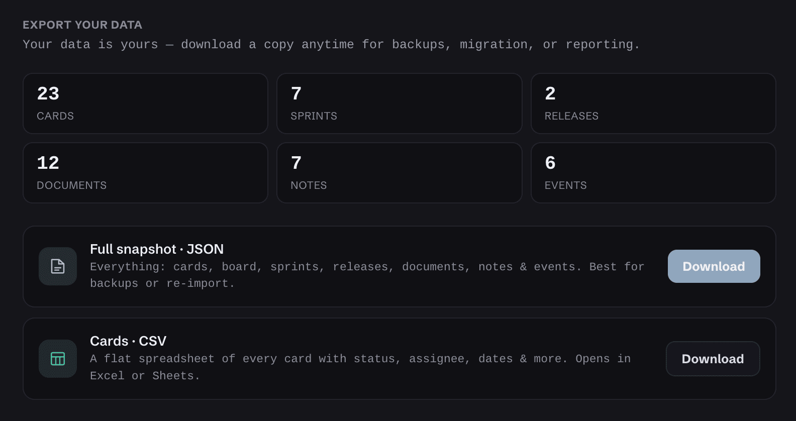Exporting Skallow data as JSON and CSV