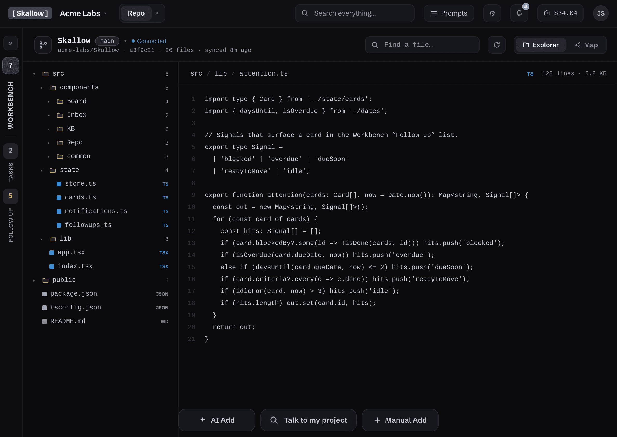 The Skallow repo view connected to GitHub